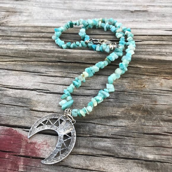 Southwestern Amazonite Gemstone Necklace Handmade Squash Blossom Silver Beaded - Picture 11 of 15
